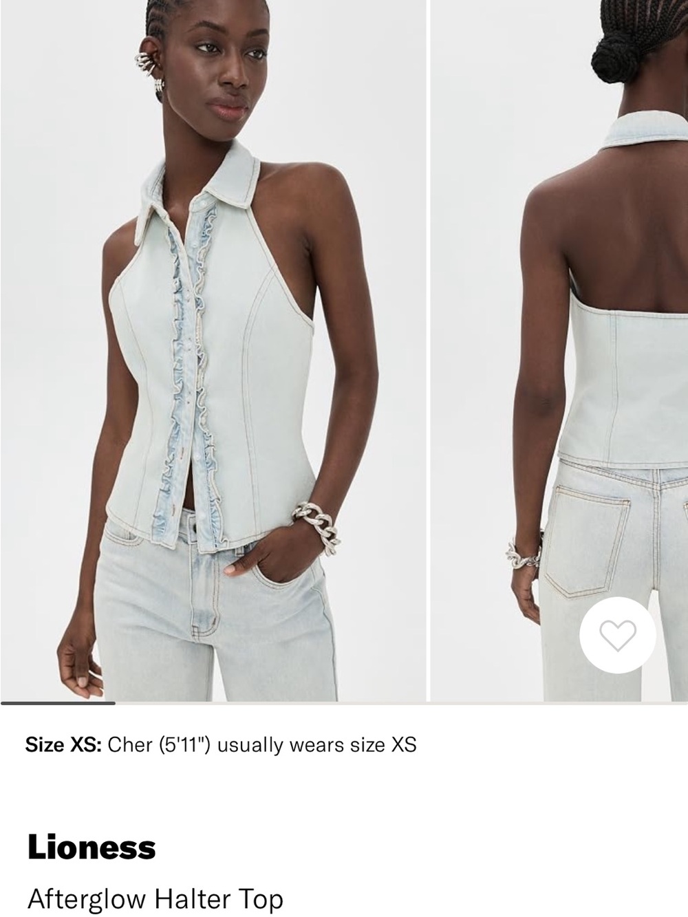 Lioness Light Wash Ruffle-Trim Halter Denim Top